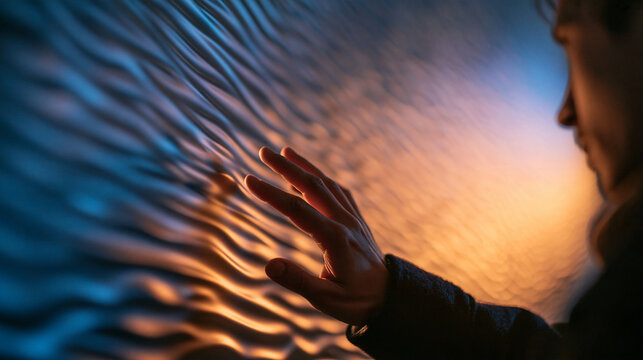Hand Touching Textured Wavy Surface with Neon Lighting
