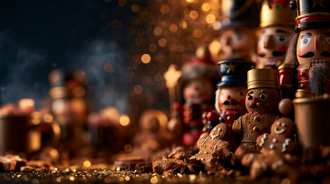 Christmas Nutcracker Soldiers and Gingerbread Cookies with Bokeh Lights