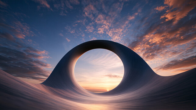 Futuristic Circular Portal Architecture Against Dramatic Sunset Sky