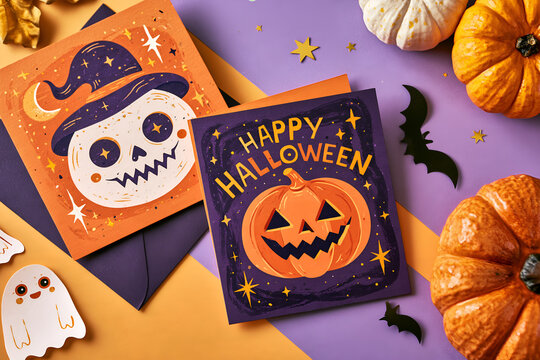 Flat lay of two printable Halloween cards on coloured paper