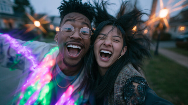 Ecstatic Young Diverse Friends Celebrating Outdoors at Dusk