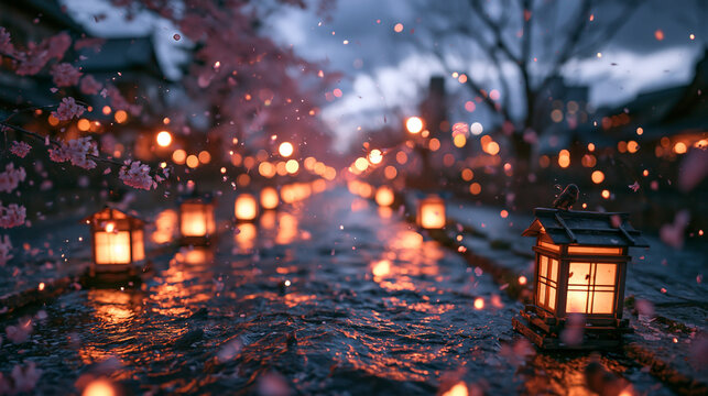 Traditional Japanese Lanterns on Street with Falling Cherry Blossoms
