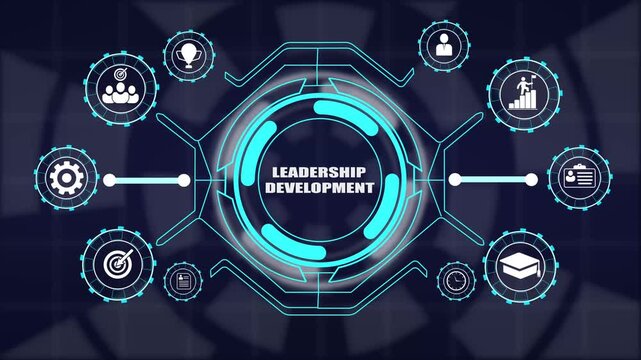 Modern leadership development concept connecting professional coaching managerial skills enterprise growth and decision making.