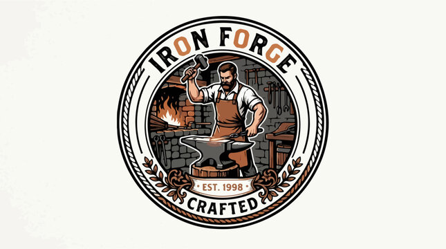 Vintage Iron Forge Blacksmith Logo Design with Craftsman and Anvil.