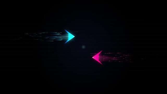 Glowing blue and pink arrows moving fast in digital motion video
