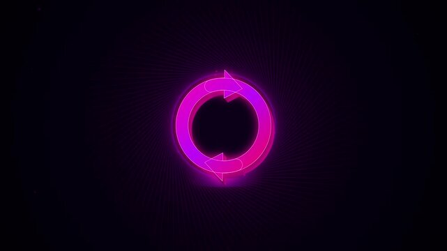 Glowing neon circle arrows spinning in abstract motion digital video