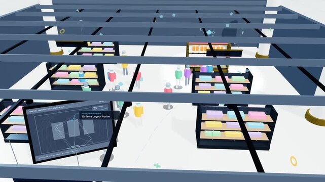 3D simulation of a retail digital twin showing store layout optimization spatial AI tracking customer traffic heatmaps and discount rack displacement to analyze conversion uplift