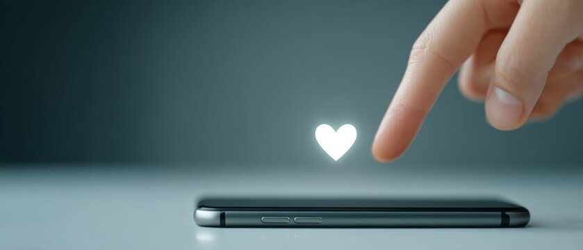 A close up view of a hand interacting with a smartphone display featuring a floating heart symbol representing affection and connection in today's digital world