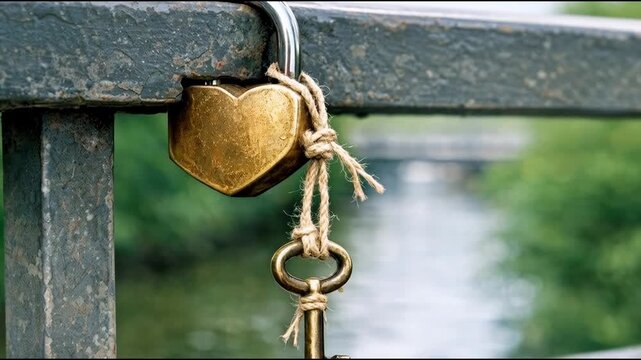A romantic lock with a key attached, ideal for use in wedding or Valentine's Day themes