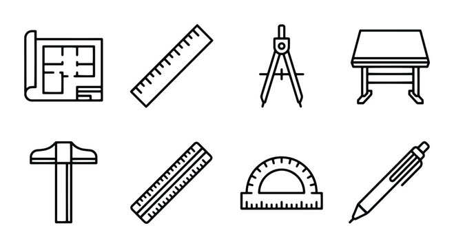 Architectural Tools Set, Blueprint, Ruler, Compass, Drafting Table, T-Square, Protractor, Pen