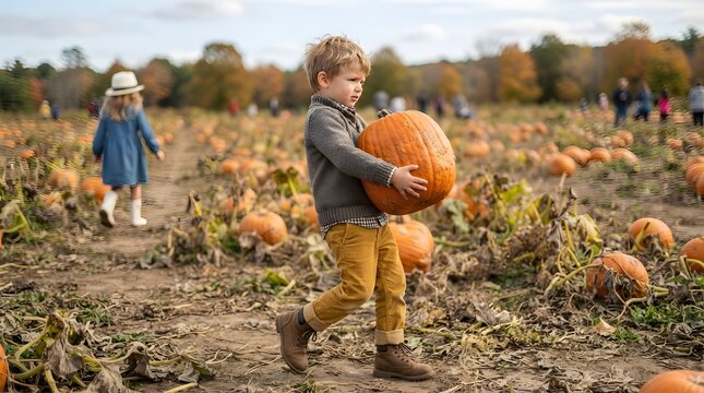 A young boy carrying a large orange pumpkin through a field at a pumpkin patch farm during autumn