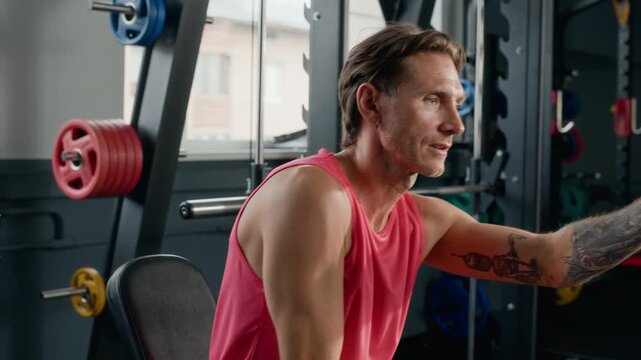 Middle aged Caucasian man taking selfie on smartphone while sitting on gym machine. Footage suited for fitness mobile app ads, active lifestyle marketing, and social media content