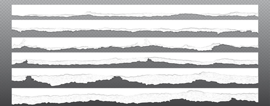 Ripped paper strips with torn edges isolated on transparent background. Vector realistic set of white sheet fragments with rough textures for grunge banners, old damaged newspaper or letter design