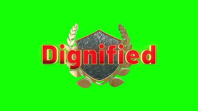 Three gold shields with the word dignified written in red letters against a green background with identical emblems consisting golden laurel branches