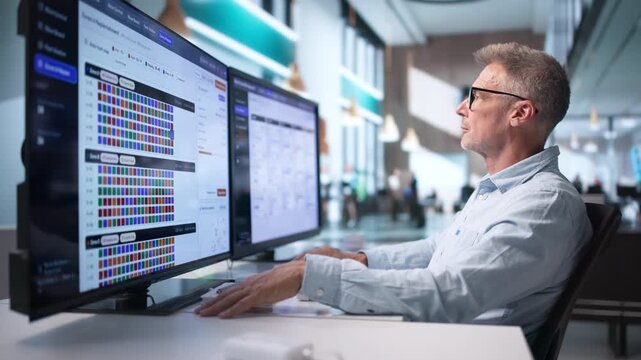 Warehouse Manager Using Computer Software To Optimize Inventory