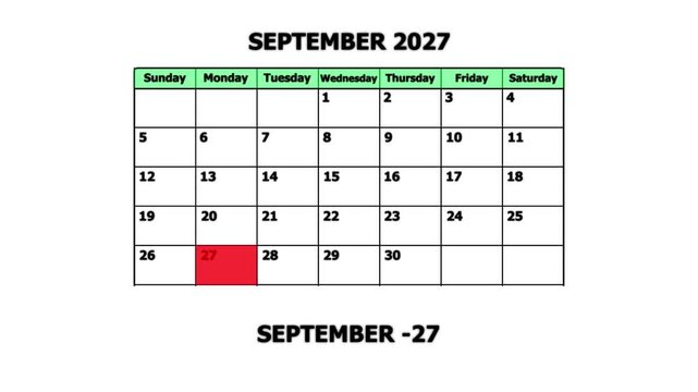 September 2027 calendar page with highlighted 27th date for planning and scheduling schedule