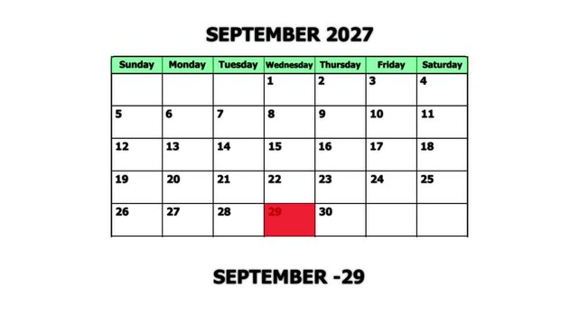 September 2027 calendar page with highlighted date september 29th for planning and scheduling schedule