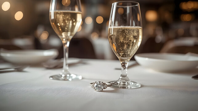 Diamond engagement ring and two champagne glasses