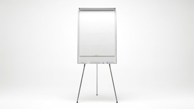 A blank white flip chart paper pad on a metal tripod stand, isolated against a plain white studio wall background