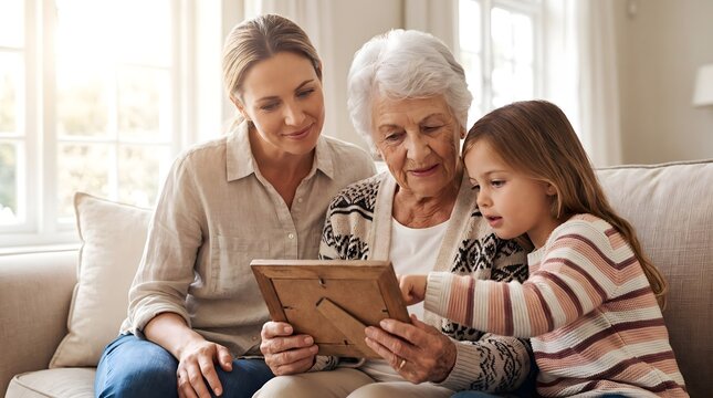 Three generations of women looking at framed photograph together on cozy sofa.
