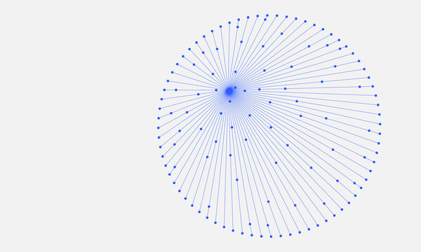 Blue abstract circular connection lines with dots radiating from a central node. Minimalist technology network and data visualization vector illustration.