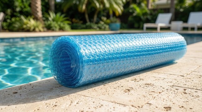 A rolled blue bubble solar pool cover resting on the edge of a swimming pool.