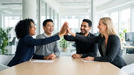 Fototapeta premium Ecstatic diverse multiracial business team giving a high five together in conference room, celebrating big success and teamwork achievement.