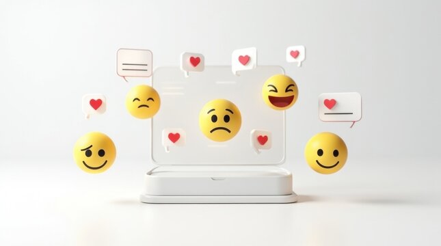 Sistema digital de an&aacute;lisis de sentimiento, con emojis flotantes de caras felices, neutras y tristes