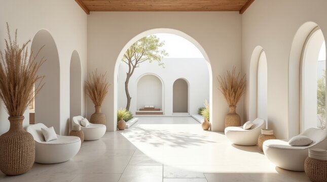 Interior elegante de un retiro de bienestar costero con paredes encaladas de blanco, suelos de travertino claro y vanos arqueados