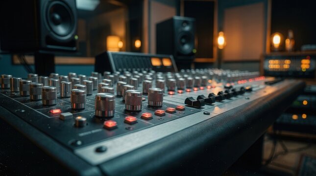 Professional recording studio equipment and atmosphere featuring an audio mixer.