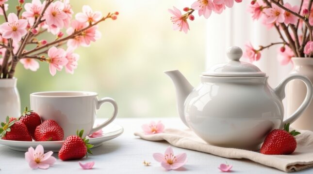 Fondo de desayuno de una ma&ntilde;ana de primavera con una tetera de cer&aacute;mica y fresas frescas