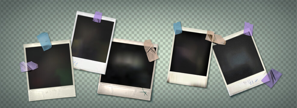 Old instant photo frame collage isolated on transparent background. Vector realistic illustration of blank snapshot paper templates with crumpled sticky tape, scrapbook layout, retro memories gallery