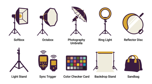 A collection of essential photography studio lighting and accessory equipment, including softboxes, umbrellas, and stands.