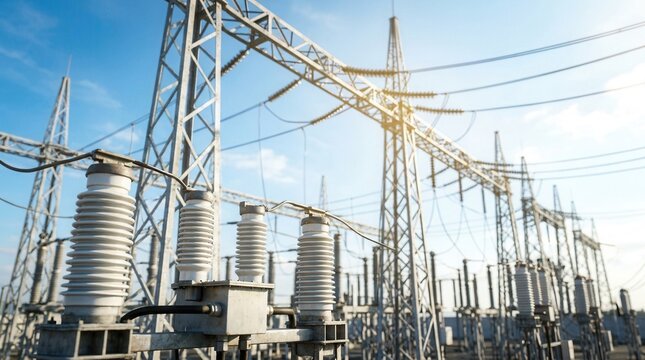 Clean wide frame of an electric power substation featuring tall steel portals, suspended insulator strings, and connecting conductors under a bright sky.