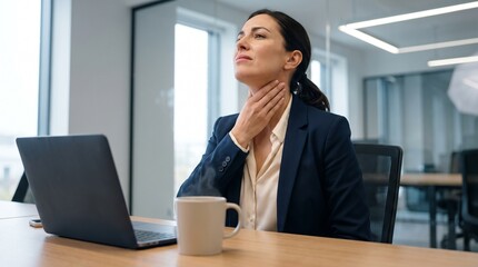 Fototapeta premium Stressed Businesswoman Massaging Sore Neck at Office Desk