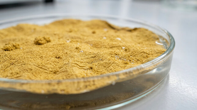 Hydrophobic yellow lycopodium spore powder floating on water surface macro