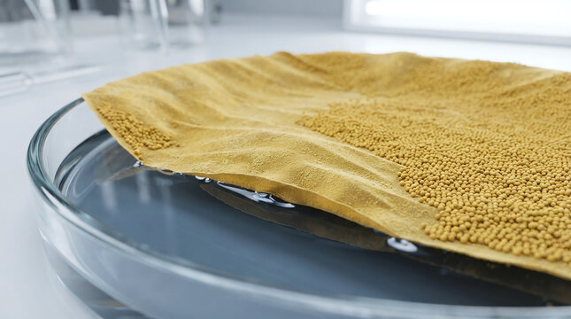Hydrophobic yellow lycopodium spore powder floating on water surface macro