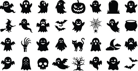 Obraz premium Spooky Halloween ghost silhouettes collection, cute monsters, jack o lantern, flying bats, skeleton hand, cauldron, and dead tree vector icons.Black Halloween silhouette vector pack, funny ghost cha