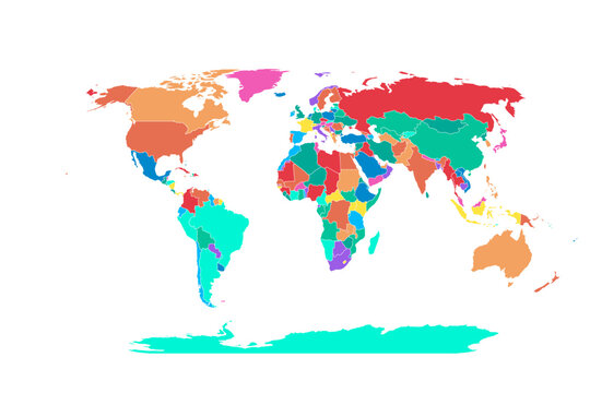 A colourful world map illustration depicts continents and countries with distinct hues on a white background, cartography, geography global multicoloured nations, political regions territories, travel