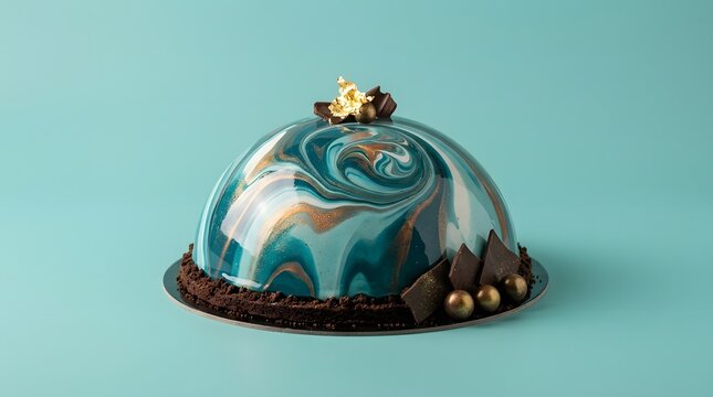 Glazed dome mousse cake with marble pattern and gold leaf accents