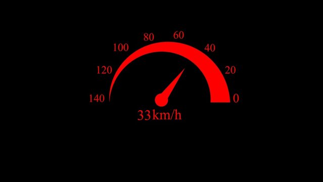 Red speedometer gauge showing thirty three kilometers per hour speed on a dark background