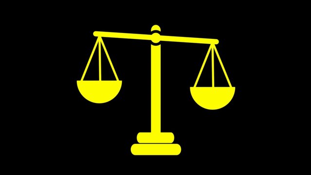 A bright yellow legal scale of justice icon representing law and balance isolated on a dark background