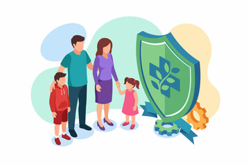 Fototapeta premium Isometric Family Health Insurance and Medical Protection Concept