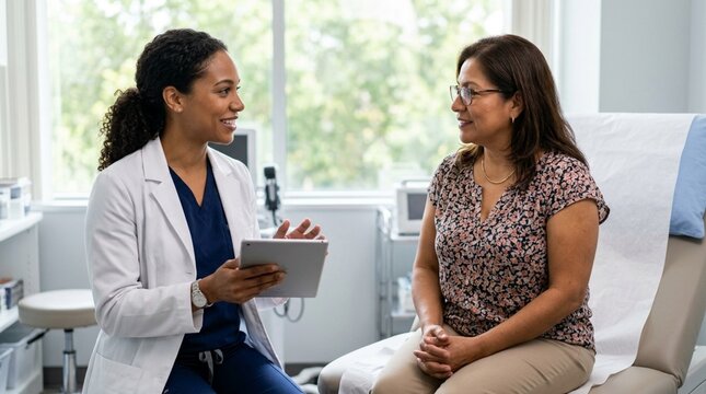 Doctor consulting with patient on tablet in examination room, diverse healthcare setting