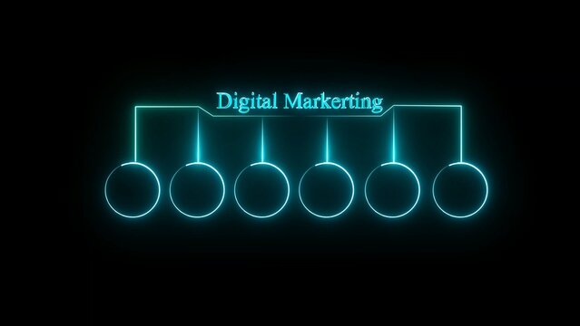 Digital marketing concept with neon glowing flowchart and five empty circles for text isolated on a transparent background