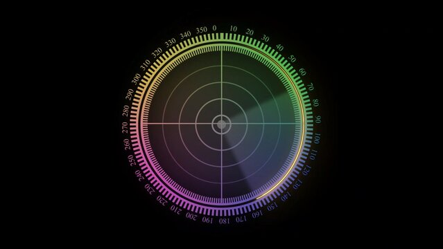 Colorful circular radar scale with degree markers and digital scanning interface design