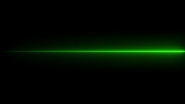 Bright neon green horizontal laser beam light line glowing on a dark background