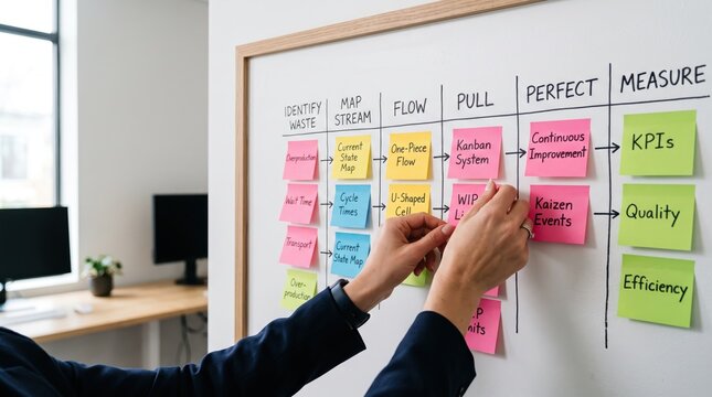 Hands organizing sticky notes on whiteboard for lean management workflow, illustrating agile methodology, process optimization, continuous improvement, and planning.