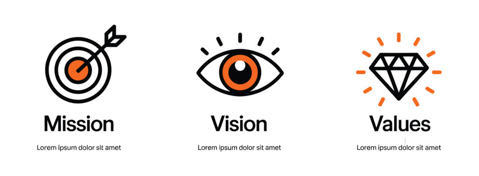 Mission vision values icon set, business strategy symbols, corporate goals, leadership planning, company objectives, and strategic management vector illustration.