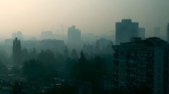 A hazy urban landscape with tall buildings and trees partially obscured by atmospheric haze  creating a muted and subdued cityscape